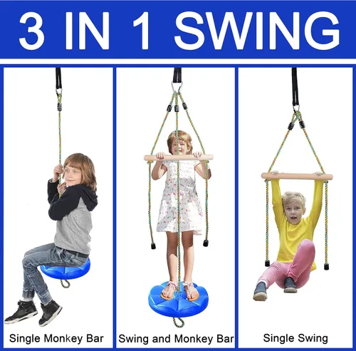 Miniatura 2 de Columpio de disco para niños, columpio de cuerda ajustable, accesorios con barras de mono, 1 mosquetón, 2 correas colgantes añadidas 3 en 1, juego