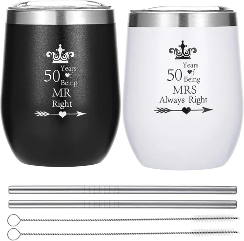Paquete de 2 vasos de vino de 50 años Mr Right Mrs Always Right 50 para bodas, compromisos, aniversarios, para parejas, padres, de acero inoxidable,