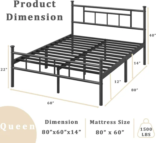 Miniatura 2 de Base de cama Queen que no necesita somier, con cabecero y estribo, soporte de listones de acero resistente, 14 pulgadas de altura, fácil montaje