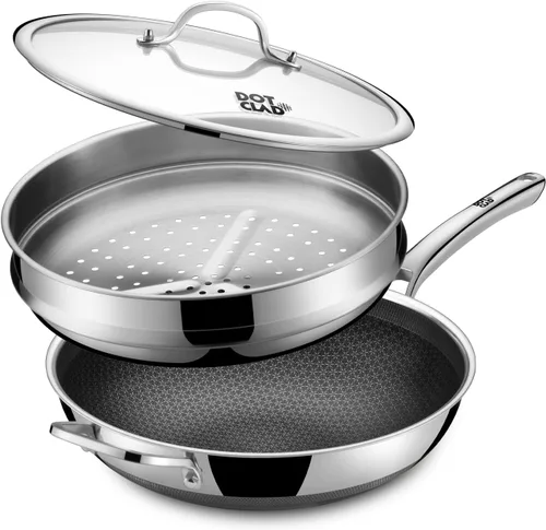 Wok híbrido de acero inoxidable de 13 pulgadas con tapa y cestillo para cocinar al vapor, sartén antiadherente para freír, sin PFOA, funciona en