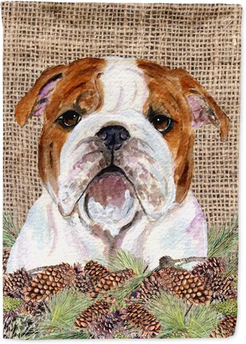 Caroline's Treasures SS4075GF - Bandera decorativa para patio exterior, diseño de bulldog inglés sobre arpillera sintética con conos de pino, tamaño