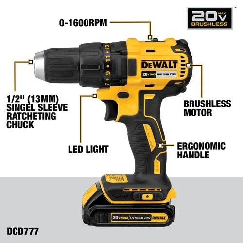Miniatura 3 de DEWALT Juego de destornilladores inalámbricos de 20 V Max, taladro eléctrico, sin escobillas de 1/2 en 2 velocidades, batería de 2.0 Ah y cargador