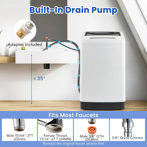 Miniatura 8 de COSTWAY Lavadora portátil, lavadora portátil completamente automática de 11 libras con 8 modos, 10 niveles de agua, pantalla LED y bomba de drenaje
