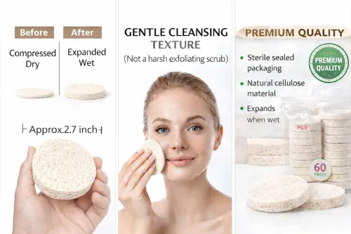 Miniatura 4 de Esponjas faciales comprimidas, paquete de 60 – Esponja facial de celulosa natural para limpieza, eliminación de maquillaje, exfoliación, lavado