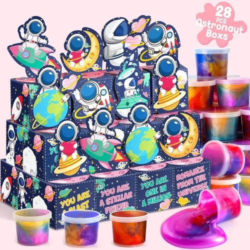 Miniatura 3 de SURCVIO Paquete de 28 regalos para el día de San Valentín para niños, slime de galaxia con caja de tarjetas de felicitación, juguete para aliviar