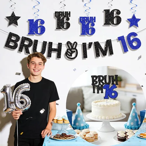 Miniatura 6 de Bruh I'm 16 - Decoraciones de cumpleaños para niños, kit de decoración de fiesta de dulces 16 con pancarta pre-encordada, remolinos colgantes y 16