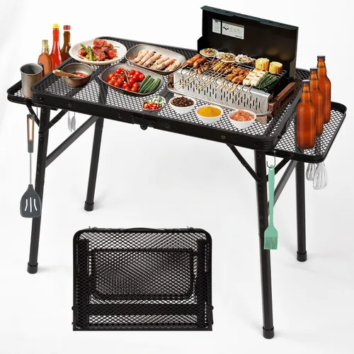 Mesa de picnic de 2.5 pies con 2 paneles de alas, mesa plegable de malla de metal para parrilla plegable de altura ajustable, ligera y portátil para