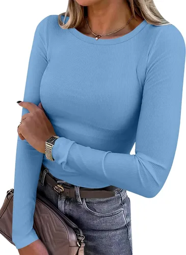 Miniatura 30 de ANRABESS - Camisetas de manga larga para mujer, de punto acanalado, ajustadas, básicas, 2025, informales, para usar a capas o debajo del uniforme