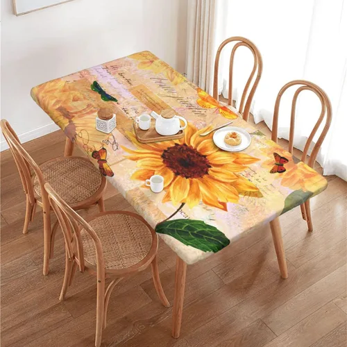 Miniatura 19 de Fiokroo Mantel de Flores de Crisantemo Azul, Amarillo y Azul Marino con Borde Elástico, Mantel Redondo Lavable y Reutilizable Cubierta de Mesa