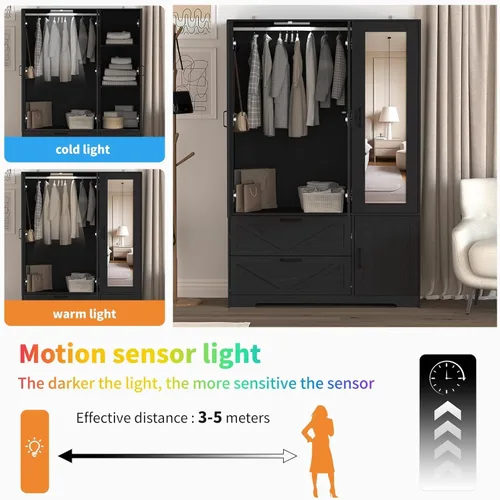 Miniatura 4 de Armario de 3 puertas con puerta de espejo y luces LED, armario de dormitorio con cajones, armario independiente de gran capacidad con barra