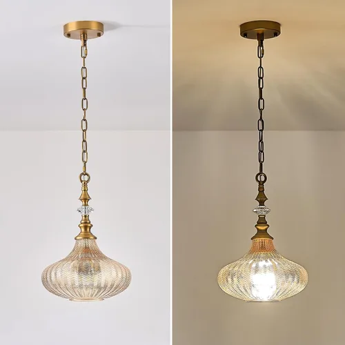 Miniatura 5 de Lámpara colgante de 3 luces, candelabro vintage dorado de granja para cocina, lámpara de techo colgante ajustable de vidrio ámbar para pasillo