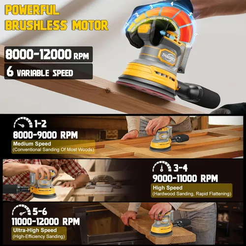 Miniatura 3 de Lijadora orbital inalámbrica compatible con Dewalt 20V 60V, lijadora orbital eléctrica con sin escobillas 12000 RPM, 6 discos variables, lijadora