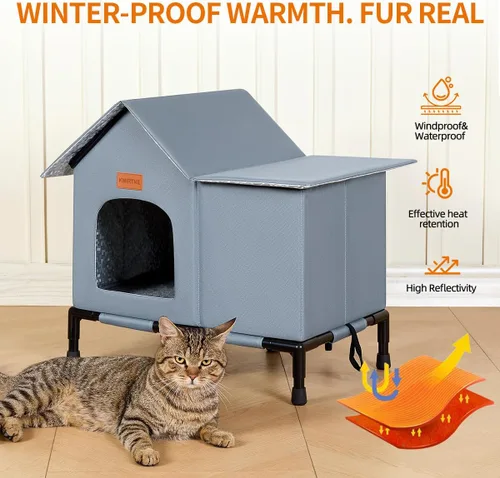 Miniatura 4 de Casa de gatos al aire libre aislada resistente al agua para invierno refugio para gatos salvajes con fondo elevado diseño auto-calentamiento a
