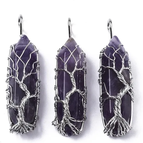 Miniatura 8 de Beadthoven - Dijes de árbol de la vida con luna creciente, dijes de piedra de amatista, colgantes de piedras naturales envueltas en alambre, dijes