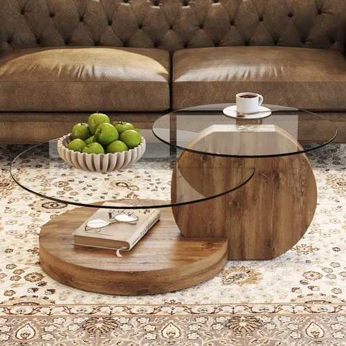 Miniatura 3 de Mesa de centro de vidrio de 35.4 pulgadas, mesa de centro redonda pequeña, mesa de vidrio templado de 2 niveles con base de madera, mesa central