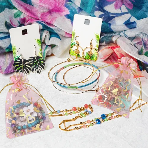 Miniatura 7 de G2PLUS - Bolsas de organza de corazón, 50 bolsas de regalo con cordón transparente de 4 x 6 pulgadas Pink Mesh Bags with Gold Foil Hearts for