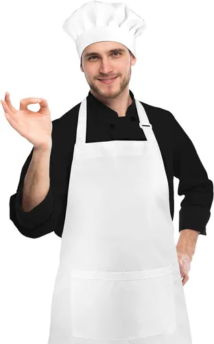 NLUS Sombrero de chef blanco y delantal, juego de disfraz de chef ajustable, delantal de cocina para hornear con 2 bolsillos para hombres y mujeres,