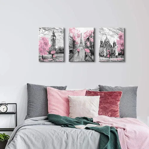 Miniatura 7 de Lienzo de pared en blanco y negro para sala de estar, dormitorio, baño, niñas, rosa, temática de París, decoración de habitación, impresión de Rosa