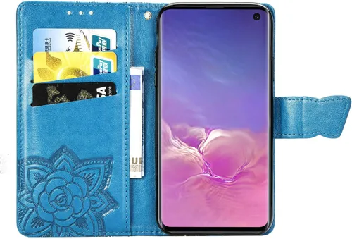 Miniatura 5 de Funda protectora de piel sintética para Samsung Galaxy S10e, con tapa para mujer, con correa para la muñeca, ranuras para tarjetas, bolsillo en Azul
