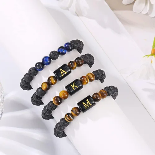 Miniatura 6 de M MOOHAM Bracelets for Mens Christmas Gifts - 8mm Natural Stone Initial Bracelet for Men Lava Rock Tiger Eye Bracelets Unique Anniversary Christmas