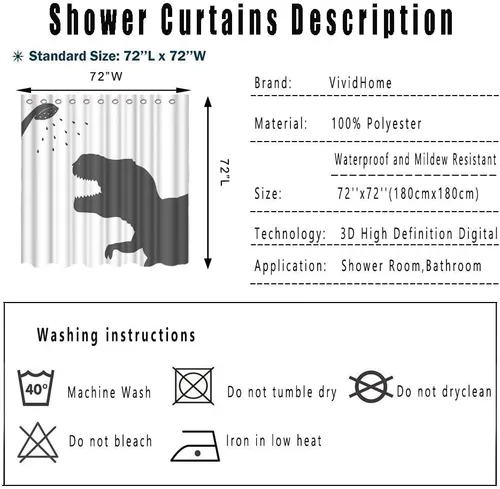 Miniatura 4 de Cortina de ducha de tela de dinosaurio de animales, silueta de dinosaurio, impermeable, juego de baño de tela de poliéster con ganchos, decoración