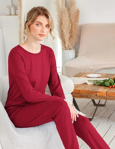 Miniatura 281 de Ekouaer Conjunto de pijama de manga larga para mujer, ropa de dormir suave con cuello redondo y bolsillos