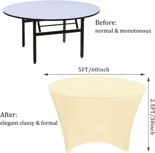 Miniatura 2 de Paquete de 8 Manteles Redondos de Spandex Beige de 5 Pies 60" Cubierta de Mesa Elástica Redonda Mantel de Mesa Redondo Lavable Resistente a Arrugas