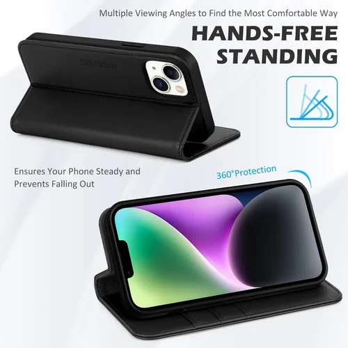 Miniatura 5 de SHIELDON Funda para iPhone 14 de 6.1", Funda tipo cartera de cuero genuino [Cierre magnético] [Ranuras para tarjetas con bloqueo RFID] [Soporte]