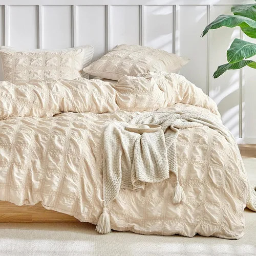 Miniatura 11 de WARMDERN - Juego de funda de edredón tamaño Queen, juego de ropa de cama de 3 piezas de microfibra lavada color beige, funda de edredón con textura