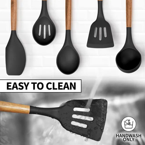 Miniatura 7 de Zulay Kitchen Juego de utensilios de cocina antiadherentes con auténticas asas de madera de acacia, juego de utensilios de cocina de silicona