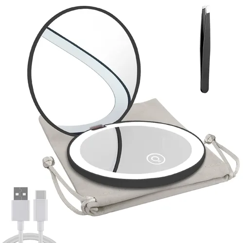 Miniatura 8 de Espejo compacto con luz LED, espejo recargable con aumento 1x/10x, 3.5 pulgadas, espejo de viaje regulable para bolso, bolsillo, espejo de Oro rosa