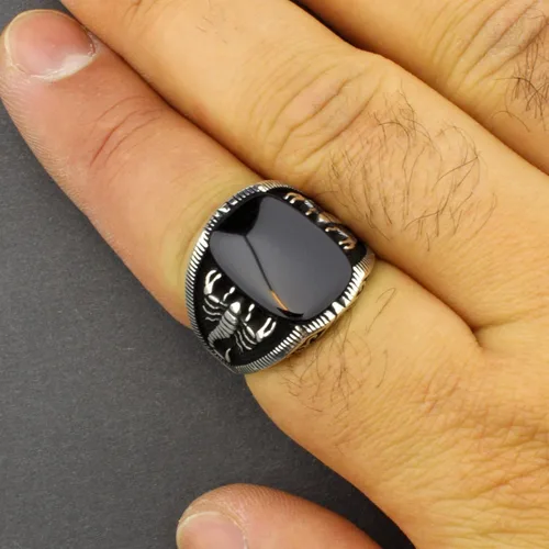 Miniatura 2 de Scorpion - Anillo de lujo de plata de ley 925 turco hecho a mano con piedra de ónice