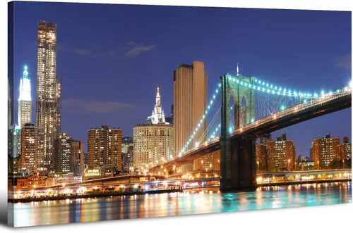 Arte de pared de la ciudad de Nueva York, noche azul, puente de Brooklyn, horizonte, decoración de pared, imágenes de paisaje urbano del centro de