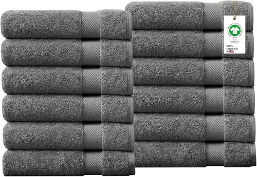 Miniatura 75 de Toallas 100% algodón orgánico de 22.93 oz/m² de felpa al tacto de secado rápido, paquete de 12 toallas de lavado de algodón orgánico, certificado