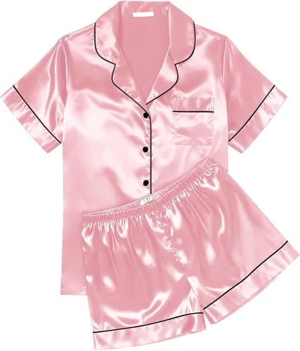 Miniatura 10 de Ekouaer Conjunto de pijama de satén de seda para mujer, suave, de manga corta, con botones, ropa para dormir, camiseta y pantalones cortos, juego