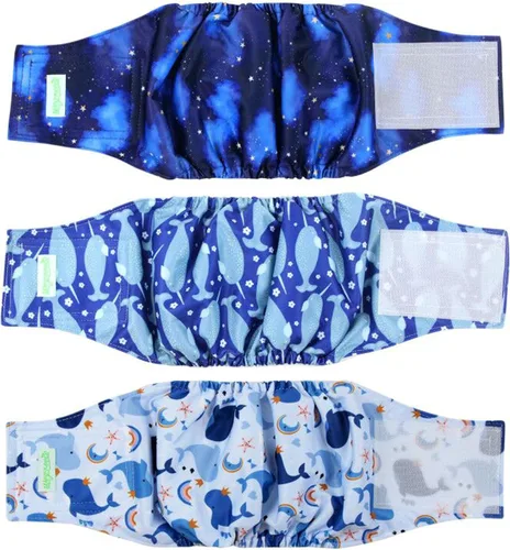 wegreeco - Pañales lavables para perros machos, estampado elegante, bandas envolventes para vientre, paquete de 3 (estampado de ballena), talla S