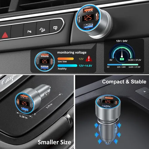 Miniatura 4 de Cargador de coche 5 unidades, 65 W 12 V USB Multi Port QC/PD 3.0 carga rápida adaptador de encendedor de cigarrillos dual USB-C y USB-A cargador Gris