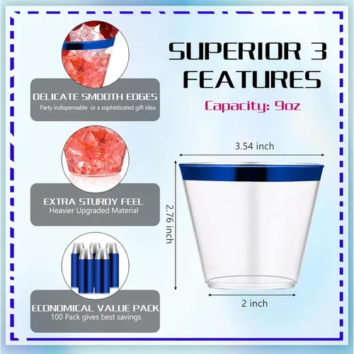 Miniatura 2 de Lounsweer 100 Piezas Vasos de Plástico con Borde de 9oz, Copas de Cóctel Transparentes para Bodas, Copas de Vino Desechables Resistentes para Azul