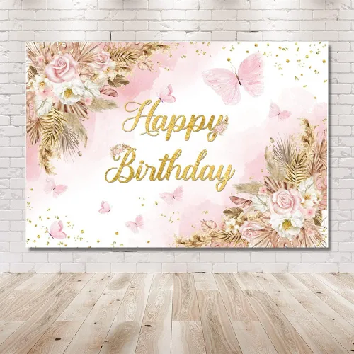 Miniatura 6 de MEHOFOND Telón de fondo bohemio de feliz cumpleaños de 7 x 5 pies para niñas, color rosa rubor, floral, bohemio, hierba de pampas, pasteles