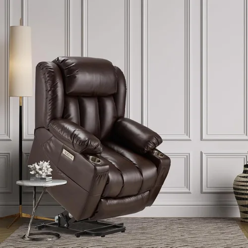 Miniatura 8 de Silla reclinable grande de cuero para personas mayores con función de masaje y calefacción, silla convertible Lazy Boy con portavasos, puertos USB