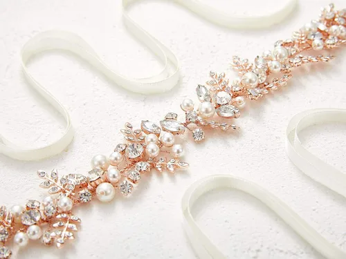 Miniatura 4 de SWEETV Cinturón nupcial de oro rosa con diamantes de imitación Cinturón de vestido de novia hecho a mano Hoja con cuentas Faja de, Oro Rosa