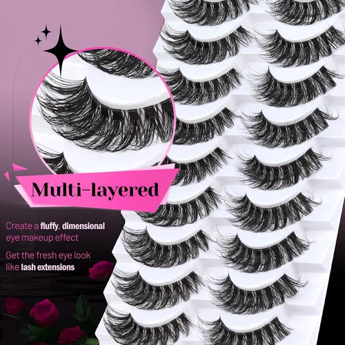 Miniatura 6 de Veleasha Pestañas rusas postizas con banda transparente que parecen extensiones de pestañas, tiras de pestañas con curvatura D, paquete de 10 pares