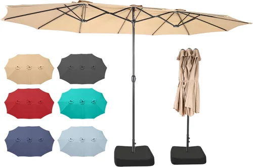 Miniatura 18 de Sombrilla de doble cara para patio de 15 x 9 pies con base y manivela, sombrilla rectangular extragrande para patio, césped y jardín, beige