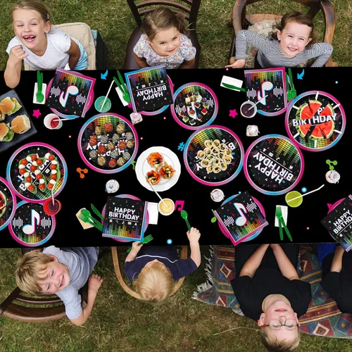 Miniatura 6 de Suministros para fiestas musicales, platos de papel desechables, servilletas, vasos, mantel y pancarta para niñas y niños, decoración de cumpleaños