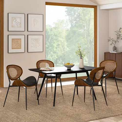 Miniatura 8 de HULALA HOME Juego de 4 sillas de comedor con respaldo de ratán, modernas sillas laterales de cuero con patas de metal, cómodas para sala de beige