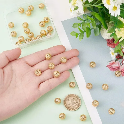 Miniatura 3 de BENECREAT - 40 piezas de cuentas de filigrana redondas huecas bañadas en oro de 18 quilates, cuentas de filigrana huecas chapadas en oro, cuentas