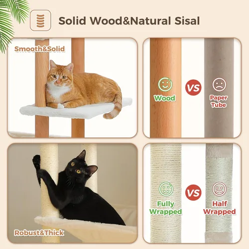 Miniatura 6 de PAWZ Road Árbol Grande para Gatos, Torre de Madera para Gatos de 73 Pulgadas de Alto con 2 Hamacas Espaciosas, 2 Camas Superiores Grandes, 8 Postes