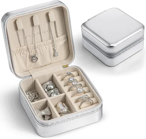Miniatura 9 de Vlando Regalos de boda – Organizador de viaje de joyería pequeña de piel sintética, estuche de viaje para anillo, mini joyero para aretes, collar