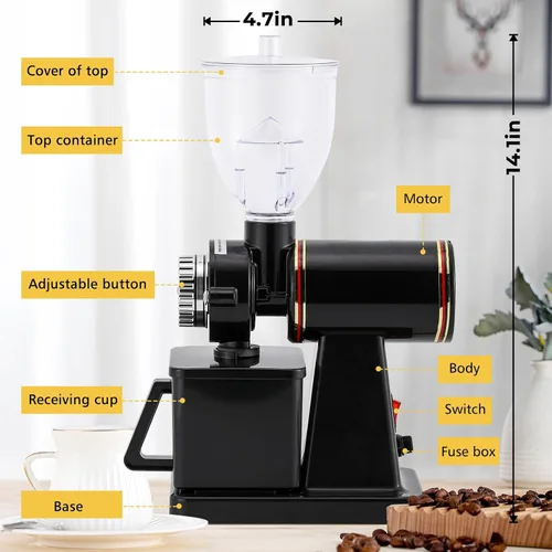 Miniatura 8 de Molinillo de café de Burr eléctrico, para uso comercial y doméstico, silencioso, pequeño, con tolva ajustable, con cepillo, cuchara, color negro