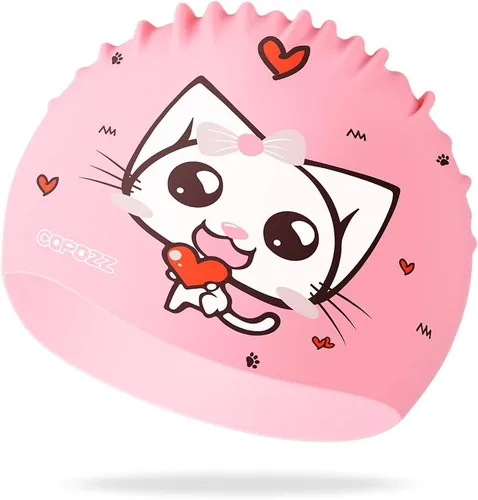 Miniatura 2 de COPOZZ Gorros de natación para niños, de silicona, impermeable, cómodo, gorro de natación para cabello largo y corto Gatito rosa-5-12 años